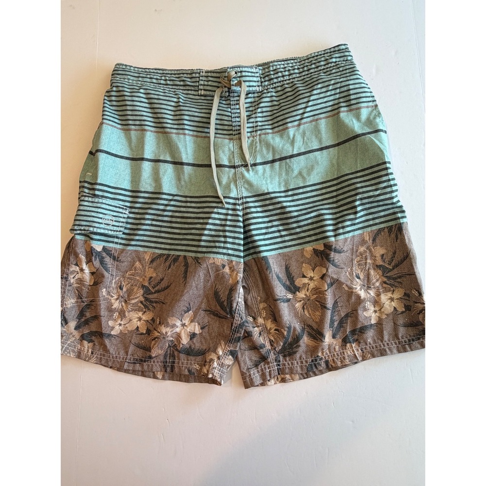 RS Surf Mens Swim‎ Trunks XL Mint Green Striped Brown Floral Board Shorts